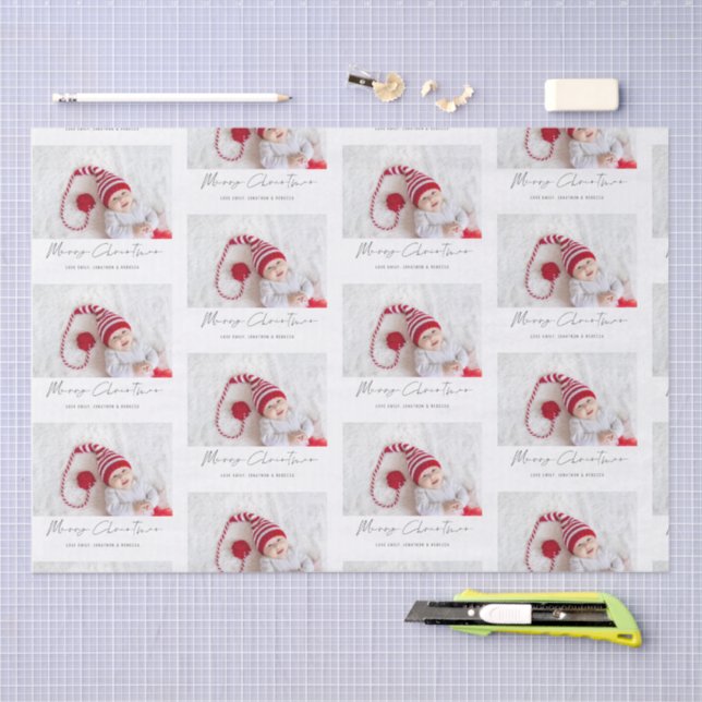 Einfaches Foto Name Skriptmuster Merry Christmas Seidenpapier (Handwerk)