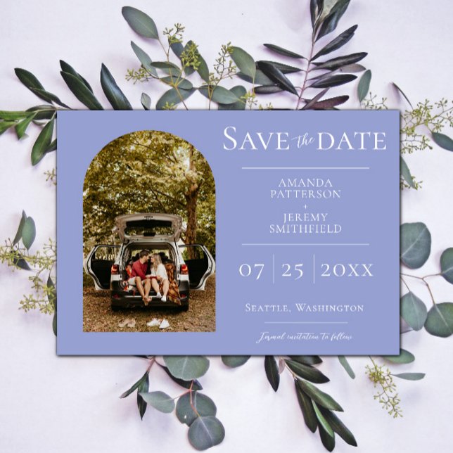 Einfaches Foto | Periwinkle Save the Date (Periwinkle Simple Arch Photo Save the Date)