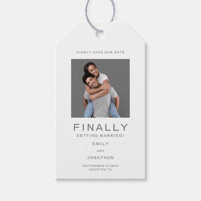 Einfaches Foto Typografie Grau Save the Date Gesch Geschenkanhänger (Vorderseite)