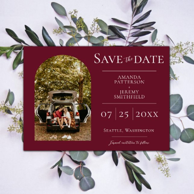 Einfaches Foto | Weinrot Save the Date (Wine Red Simple Arch Photo Save the Date)