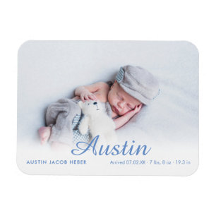 Einfaches Fotoskript Name Blau Geburtsankündigung Magnet