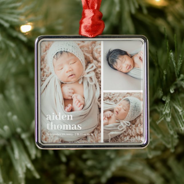 Einfaches Gitter mit drei Personalisierten Fotos Ornament Aus Metall (Baum)