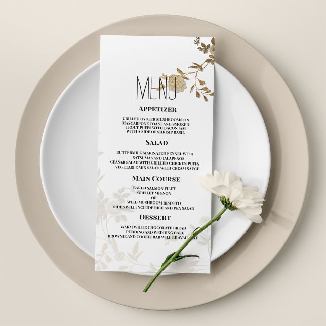 Einfaches Glitzer mit weißem Gold und Blumengerich Programm (Simple chic white gold glitter floral Wedding Menu)