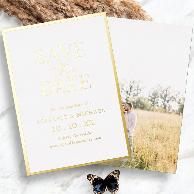 Einfaches Gold Foto Save the Date Foil Einladung (Simple Minimalist Modern Gold Photo Save The Date Foil Invitation by Painted Paperie
)