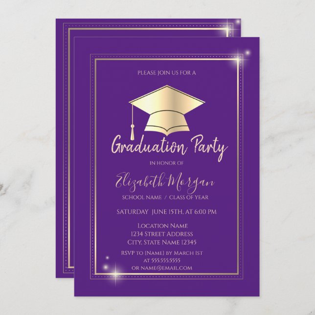 Einfaches Gold Frame Grad Cap Violet Abschluss Einladung (Vorne/Hinten)