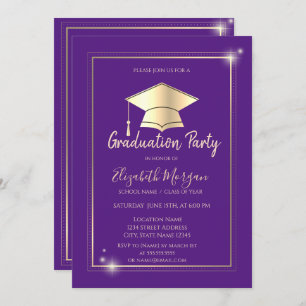 Einfaches Gold Frame Grad Cap Violet Abschluss Einladung