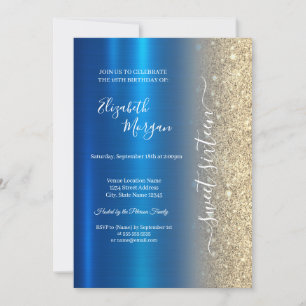 Einfaches Gold-Glitter-Metallic-Blau Sweet 16 Einladung