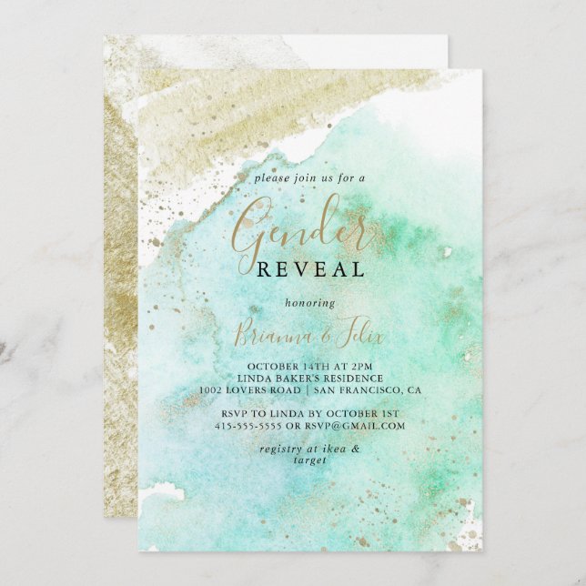 Einfaches Gold Green Minimalistisch Gender Reveal  Einladung (Vorne/Hinten)