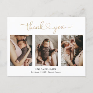 Einfaches Gold Herz Schrift 3 Foto Baby Danke Postkarte