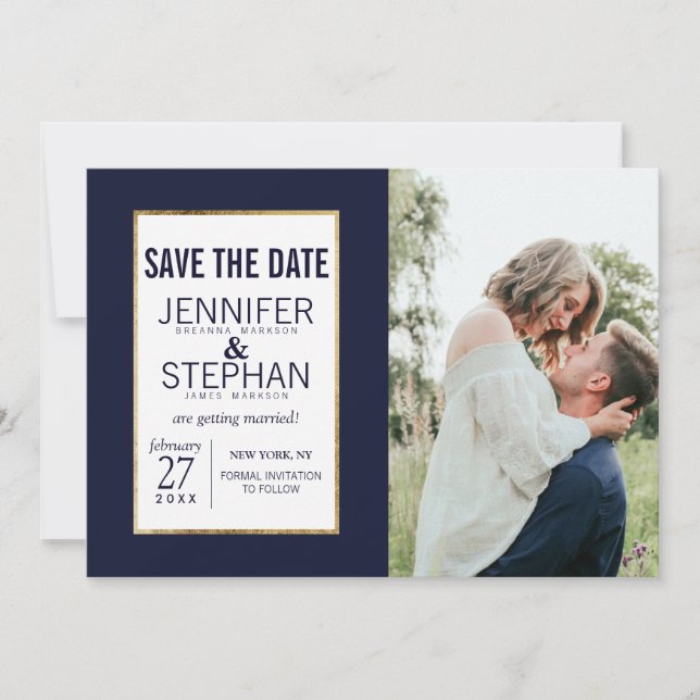 Einfaches Gold-Lined Navy Blue rettet Termine Save The Date (Vorderseite)