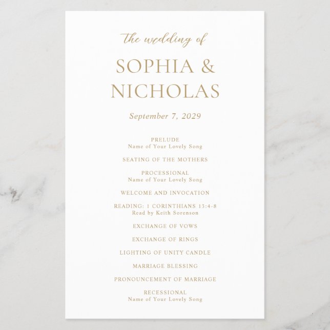 Einfaches Gold Modernes Budget Hochzeitsprogramm (Vorne)