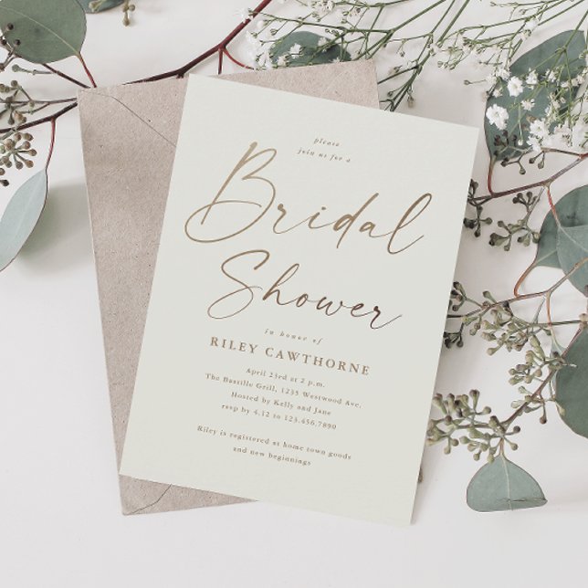Einfaches Gold Script-Brautparty Einladung (Elegant Modern Gold Script Typography Bridal Shower Invitation.)