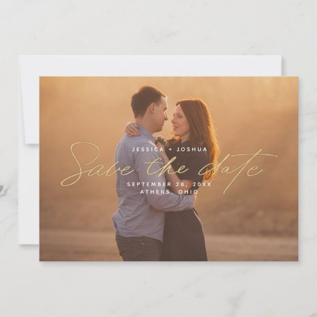 Einfaches Gold Script Overlay-Foto Save the Date Einladung (Vorderseite)