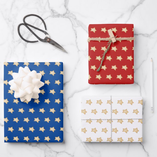 Einfaches Gold Star auf blau, rot, weiß, Hintergru Geschenkpapier Set (Vorderseite)