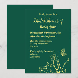 Einfaches goldenes Blume smaragdgrünes Brautparty Einladung