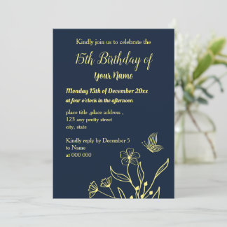 Einfaches goldenes Blumengeburtstag Einladung