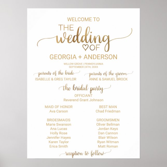 Einfaches goldenes Kalligrafie-Hochzeitsprogramm Poster (Vorne)