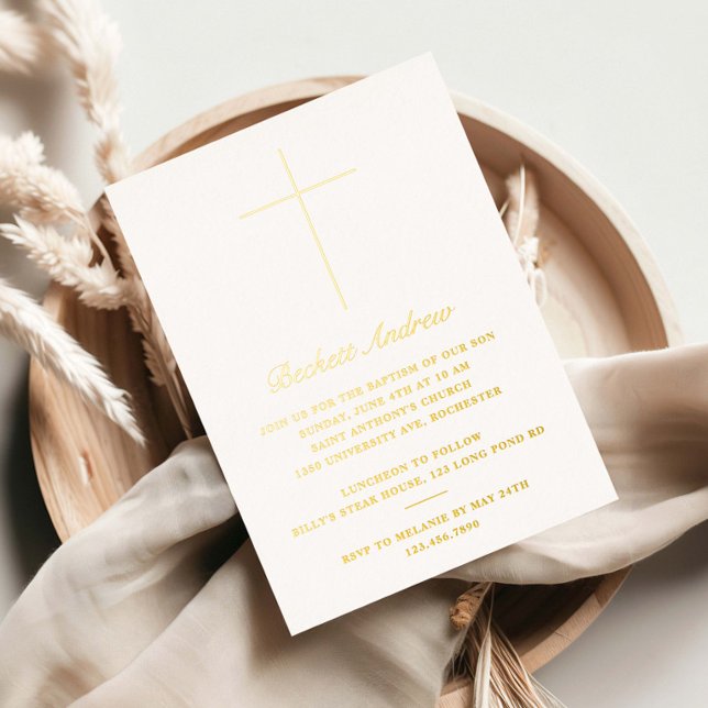 Einfaches goldenes Kreuzschrift-Taufgeschenk Folieneinladung (Elegant, simple real gold pressed foil baptism, christening or first holy communion inivitations. )