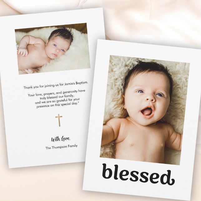 Einfaches Goldkreuz Custom Fotos Gesegnete Taufe Dankeskarte (Blessed Baptism Thank you photo cards.)