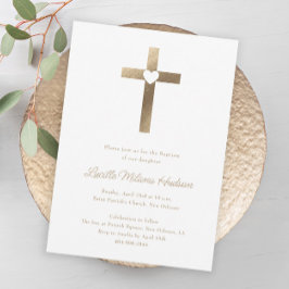 Einfaches Goldkreuz mit Herztaufen Einladung