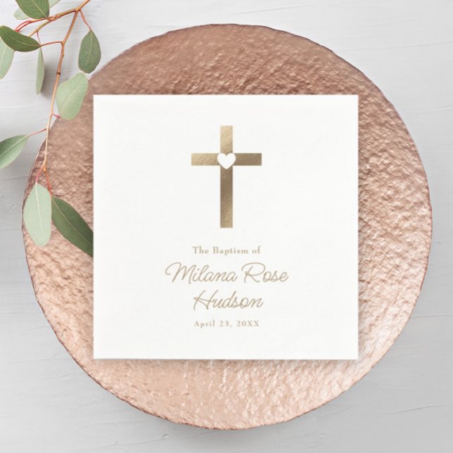 Einfaches Goldkreuz mit Herztaufen Serviette (Simple Gold Cross with Heart Elegant Baptism Napkin.)