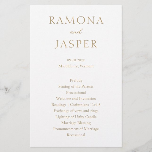 Einfaches Goldkühnes Hochzeitsprogramm (Vorne)