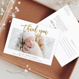Einfaches Goldschrift-Foto Baby Danke Postkarte
