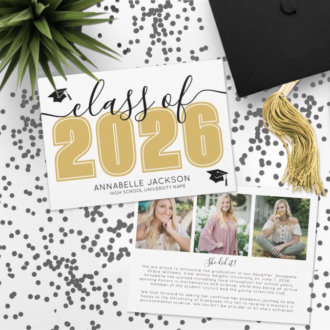 Einfaches Graduiertenfoto Collage Gold Abschluss Ankündigung (Simple Graduate Photo Collage Gold Graduation Announcement)