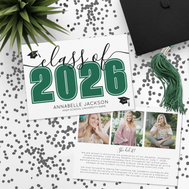 Einfaches Graduiertenfoto Collage Green Abschluss Ankündigung (Simple Graduate Photo Collage Green Graduation Announcement)