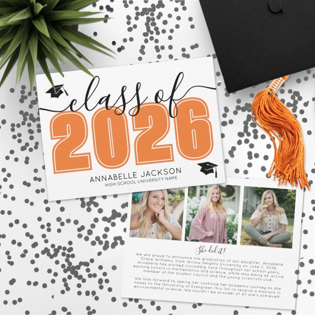 Einfaches Graduiertenfoto Collage Orange Abschluss Ankündigung (Simple Graduate Photo Collage Orange Graduation Announcement )