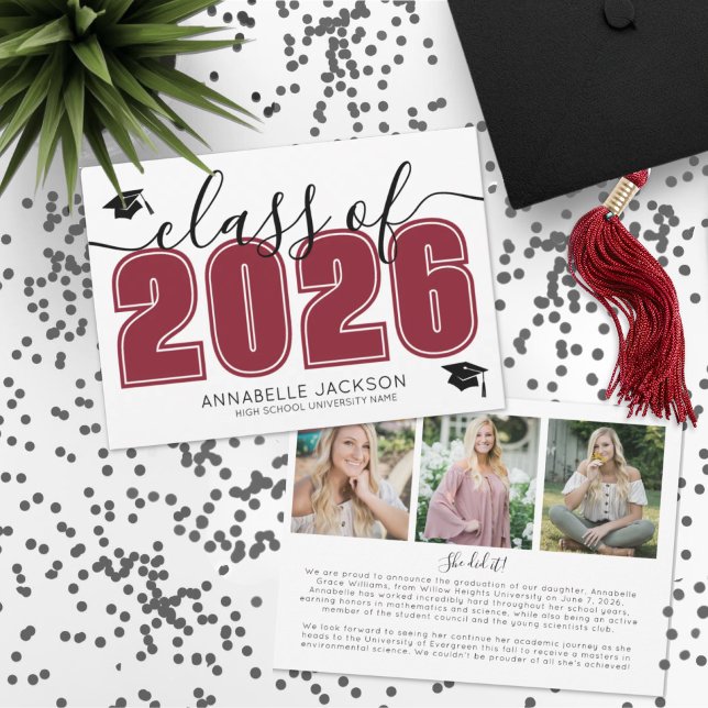 Einfaches Graduiertenfoto Collage Red Abschluss Ankündigung (Simple Graduate Photo Collage Red Graduation Announcement)