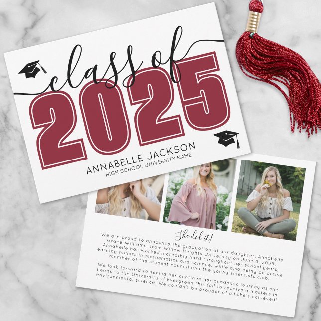 Einfaches Graduiertenfoto Collage Red Abschluss Ankündigung (Simple Graduate Photo Collage Red Graduation Announcement)