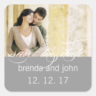 Einfaches graues Foto Save the Date Hochzeitsticke Quadratischer Aufkleber
