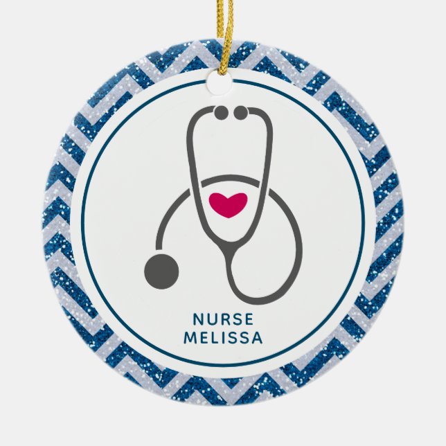 Einfaches graues PflegeStethoscope auf Blue Zickza Keramik Ornament (Vorne)