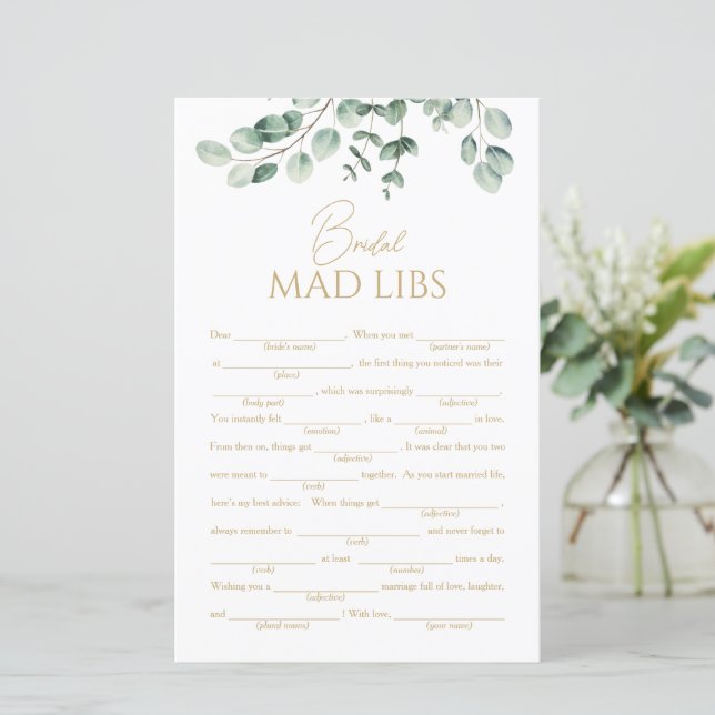 Einfaches Grünes Brautdusche Mad Libs Spiel (Stehend Vorderseite)