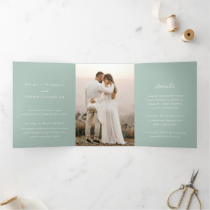 Einfaches, grünes Foto Elegante Hochzeit Dreifach Gefaltete Einladung