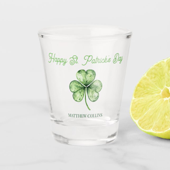 Einfaches grünes Kleeblatt Name Happy St. Patrick' Schnapsglas (Vorderseite)