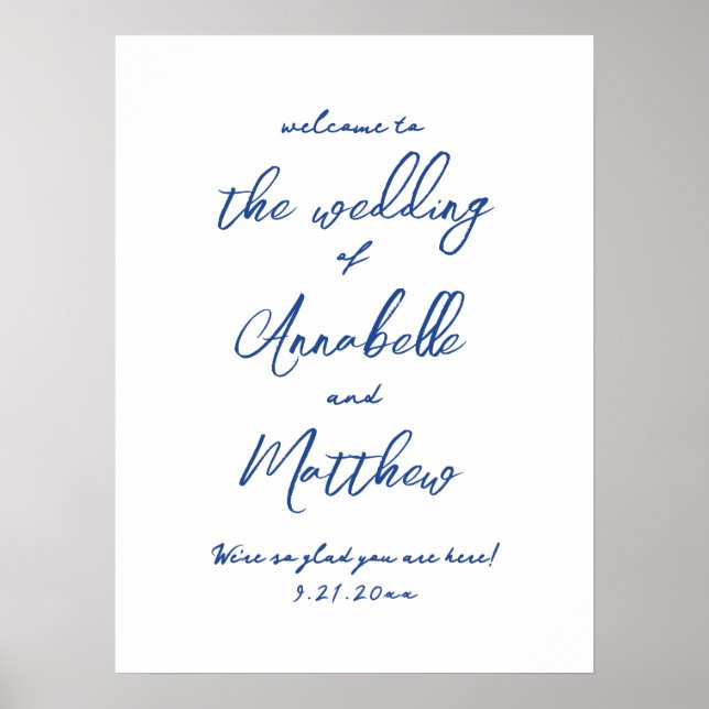 Einfaches handgeschriebenes Blue Wedding Willkomme Poster (Vorne)