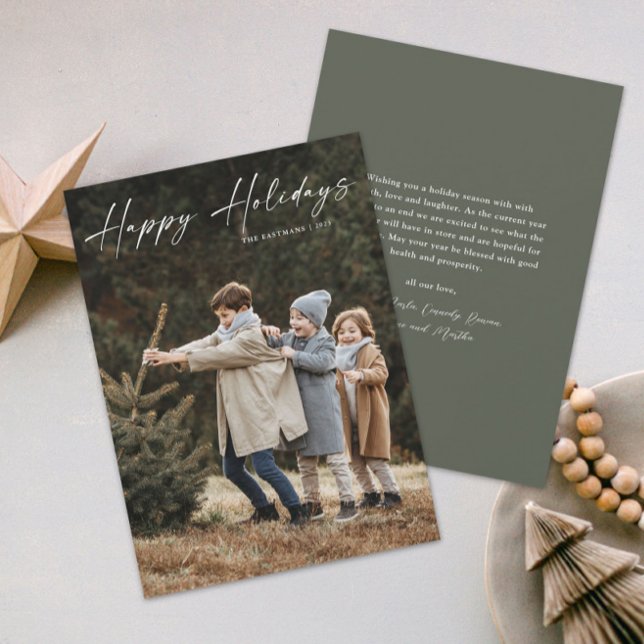 Einfaches handgeschriebenes Skript-Foto-Happy Feiertagskarte (A simple photo holiday card with handwritten Happy Holidays script typographic overlay.)