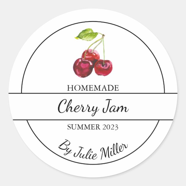Einfaches, hausgemachtes Cherry-Jam-Label Runder Aufkleber (Vorderseite)