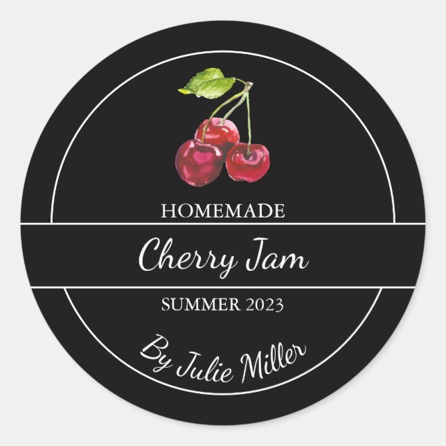Einfaches, hausgemachtes Cherry-Jam-Label Schwarz Runder Aufkleber (Vorderseite)