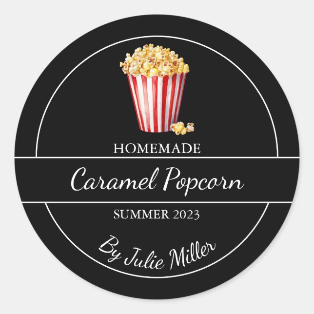 Einfaches hausgemachtes Popcorn-Label | Schwarz Runder Aufkleber (Vorderseite)