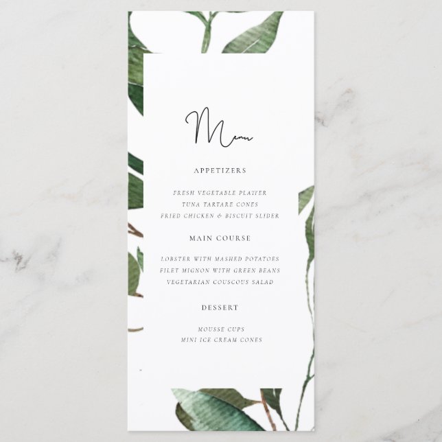 Einfaches Hochzeitmenü für Foliage Monogram Menükarte (Vorderseite)