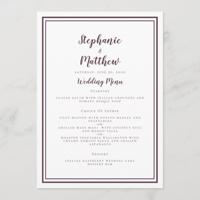 Einfaches Hochzeitmenü Trendy Lila Chic Gerahmt Menükarte (Vorderseite)