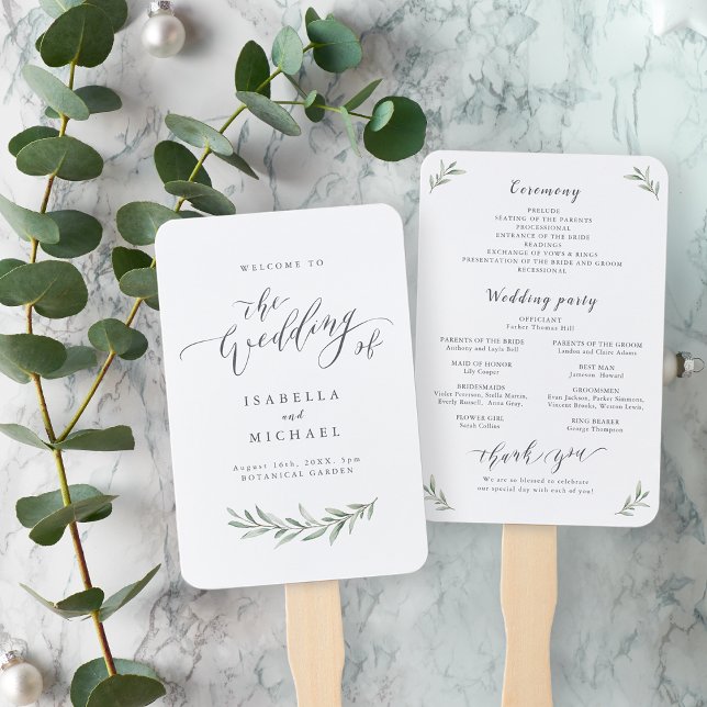 Einfaches Hochzeitsprogramm für rustikale Vegetati Fächer (Simple calligraphy rustic greenery wedding program hand fan)