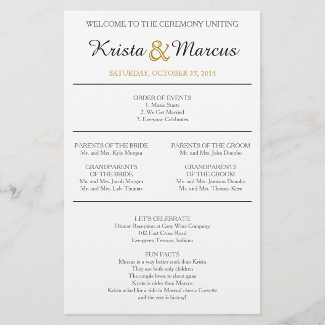 Einfaches Hochzeitsprogramm für Schwarz und Gold-S (Vorderseite)