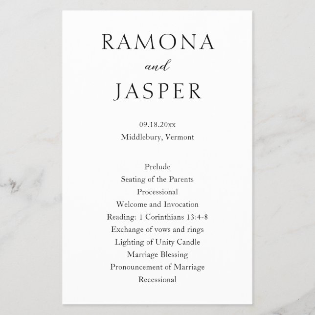 Einfaches Hochzeitsprogramm für Schwarz und Weiß (Vorne)