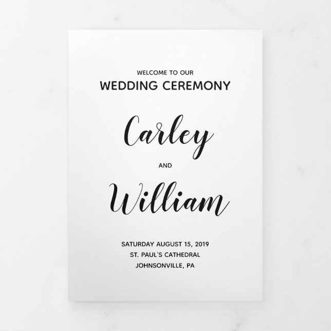 Einfaches Hochzeitsprogramm für Schwarz-Weiß-Kalli Dreifach-gefaltete Programmkarte (Cover)