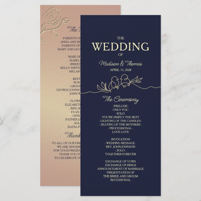 Einfaches Hochzeitsprogramm in Marineblau Programm (Vorne/Hinten)