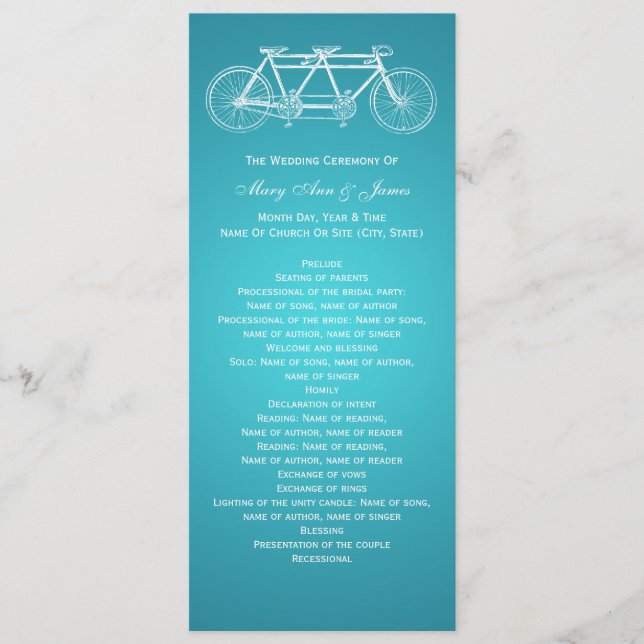 Einfaches Hochzeitsprogramm Tandem Bike Türkis Programm (Vorderseite)